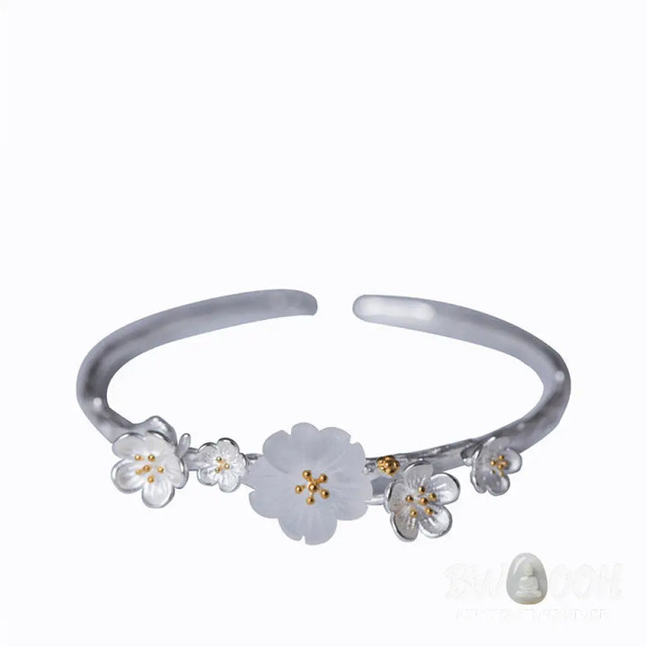 Buddha Stones 925 Sterling Silver Plum Flower Blessing Bracelet Adjustable Bangle - BWOOOH - Bracelet