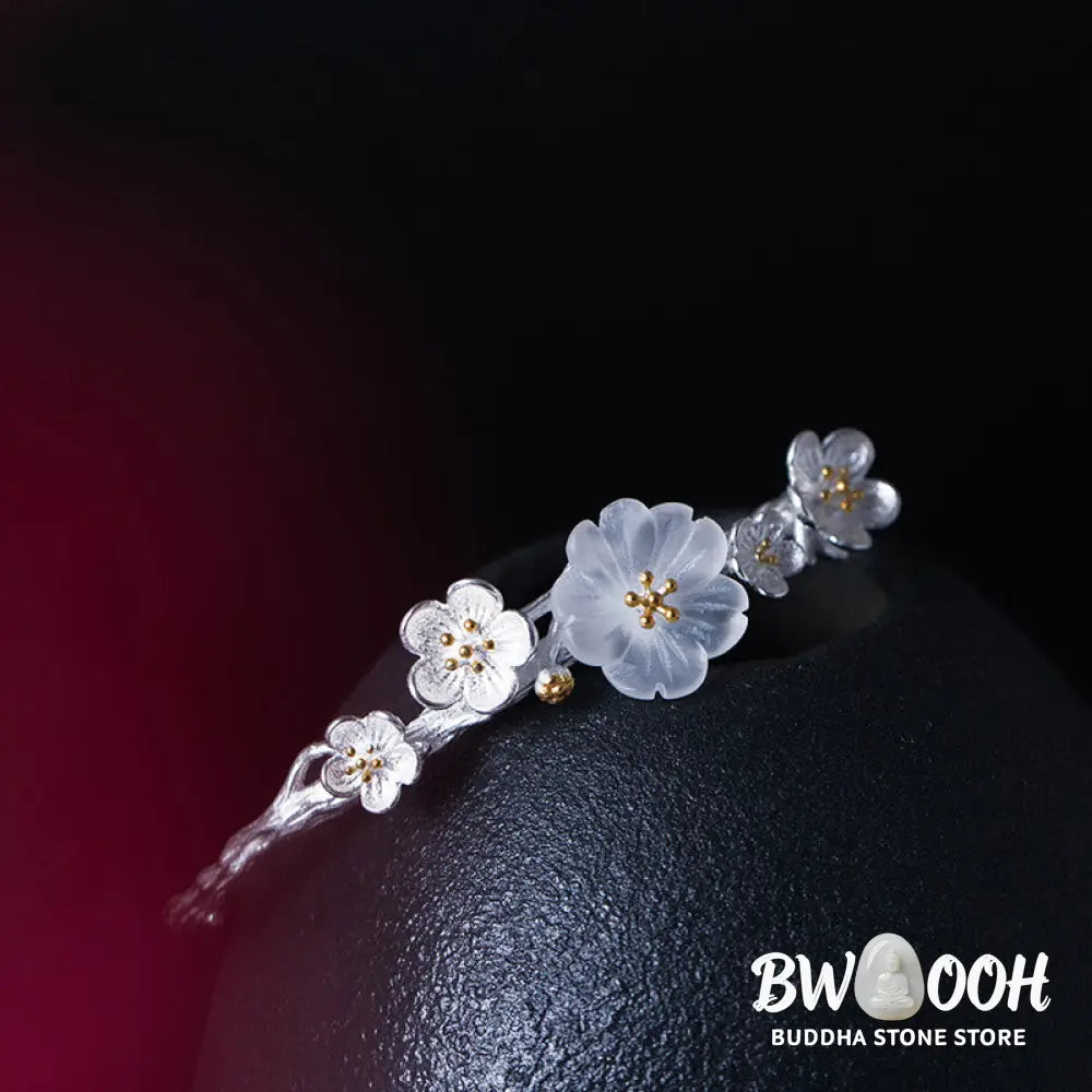 Buddha Stones 925 Sterling Silver Plum Flower Blessing Bracelet Adjustable Bangle - BWOOOH - Bracelet