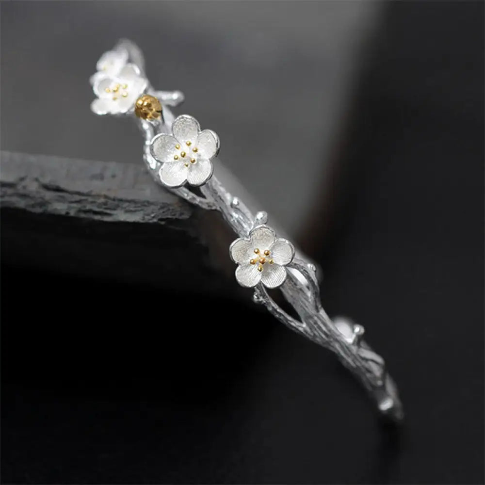 Buddha Stones 925 Sterling Silver Plum Flower Blessing Bracelet Adjustable Bangle - BWOOOH - Plum Flower - Bracelet