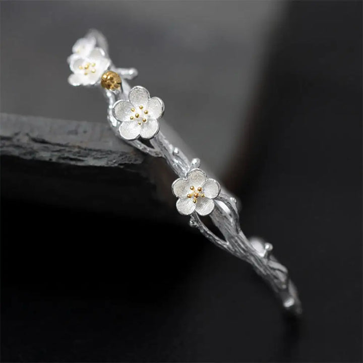 Buddha Stones 925 Sterling Silver Plum Flower Blessing Bracelet Adjustable Bangle - BWOOOH - Plum Flower - Bracelet