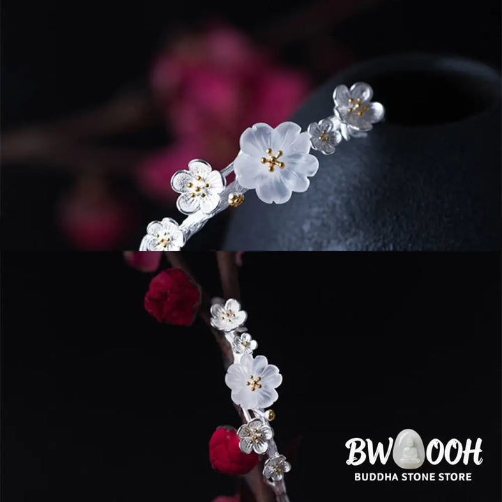 Buddha Stones 925 Sterling Silver Plum Flower Blessing Bracelet Adjustable Bangle - BWOOOH - Bracelet