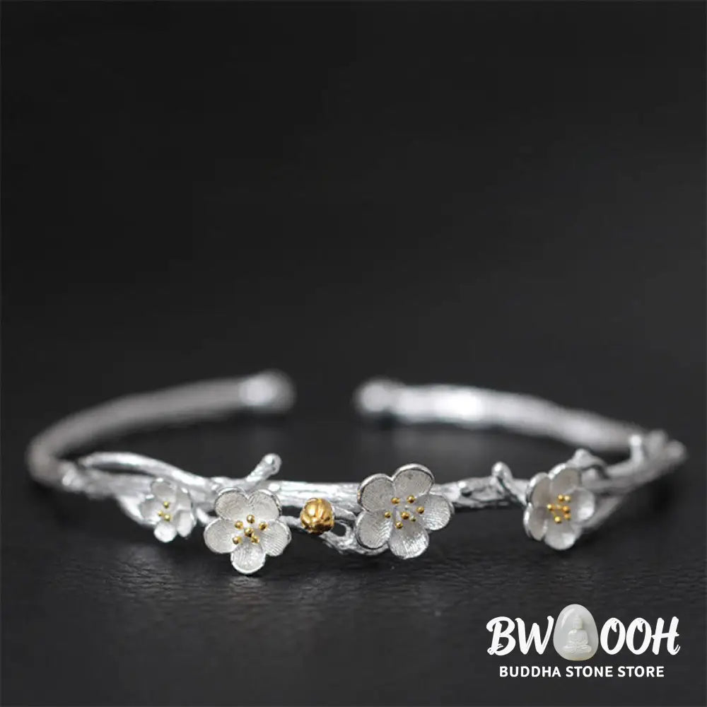 Buddha Stones 925 Sterling Silver Plum Flower Blessing Bracelet Adjustable Bangle - BWOOOH - Bracelet