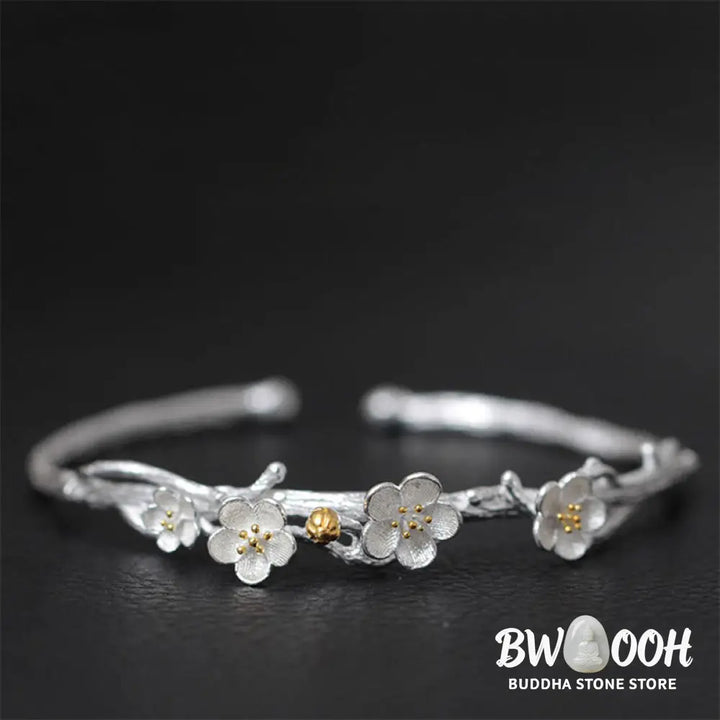 Buddha Stones 925 Sterling Silver Plum Flower Blessing Bracelet Adjustable Bangle - BWOOOH - Bracelet