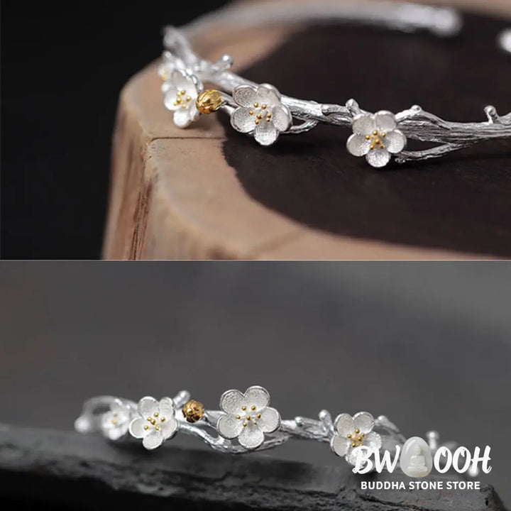 Buddha Stones 925 Sterling Silver Plum Flower Blessing Bracelet Adjustable Bangle - BWOOOH - Bracelet