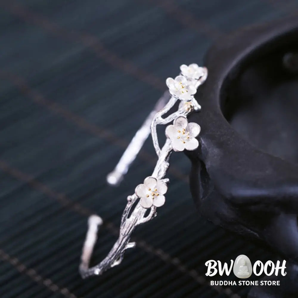 Buddha Stones 925 Sterling Silver Plum Flower Blessing Bracelet Adjustable Bangle - BWOOOH - Bracelet