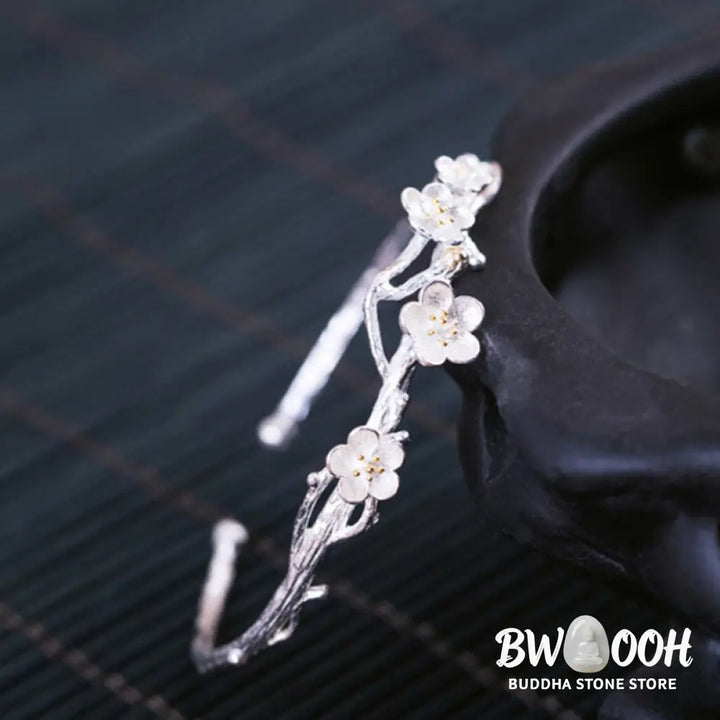 Buddha Stones 925 Sterling Silver Plum Flower Blessing Bracelet Adjustable Bangle - BWOOOH - Bracelet