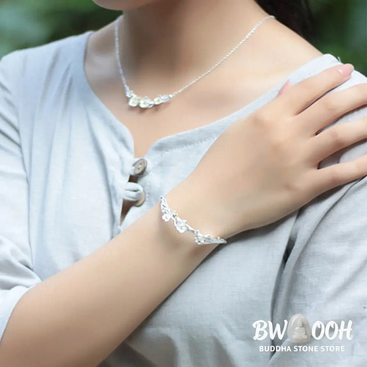 Buddha Stones 925 Sterling Silver Plum Flower Blessing Bracelet Adjustable Bangle - BWOOOH - Bracelet