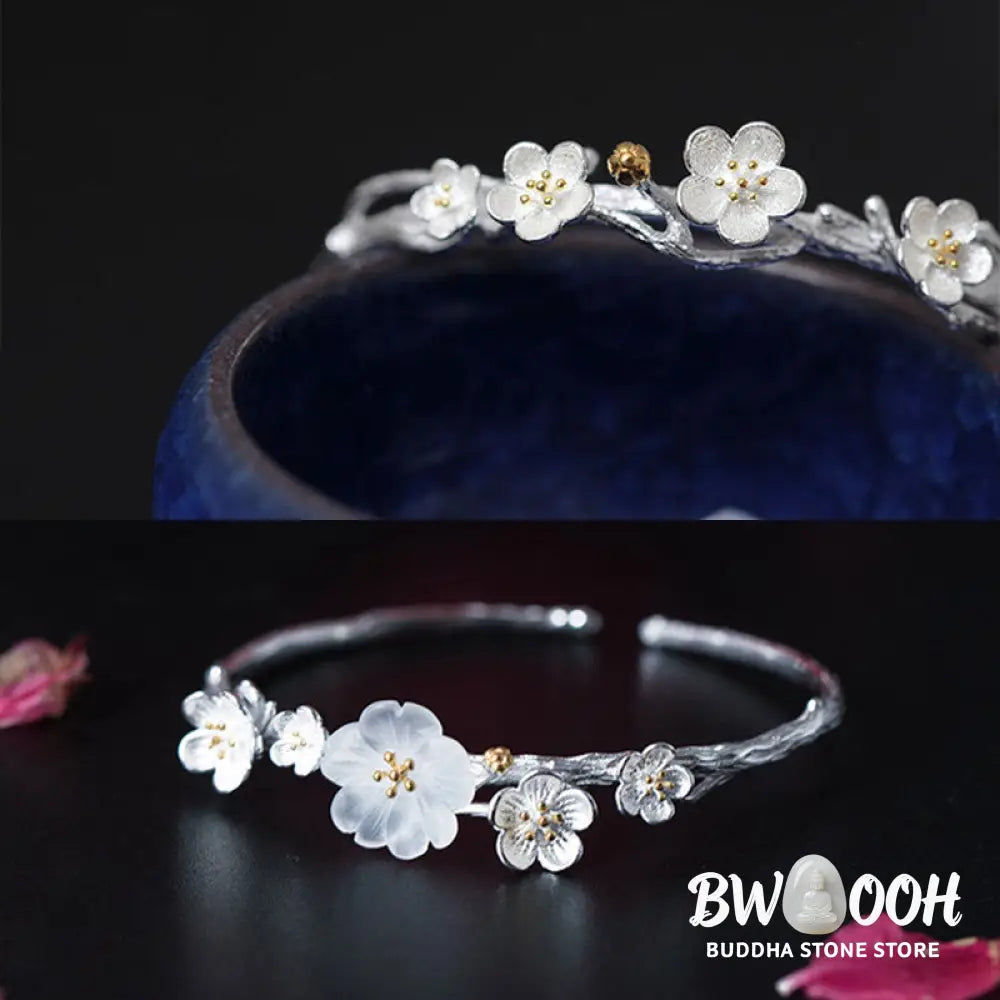 Buddha Stones 925 Sterling Silver Plum Flower Blessing Bracelet Adjustable Bangle - BWOOOH - Bracelet