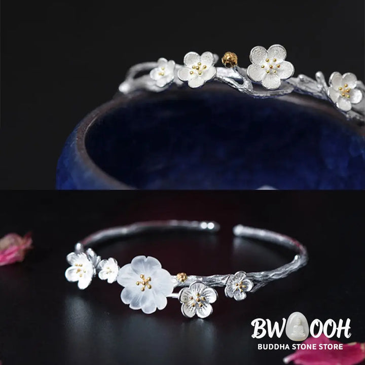 Buddha Stones 925 Sterling Silver Plum Flower Blessing Bracelet Adjustable Bangle - BWOOOH - Bracelet