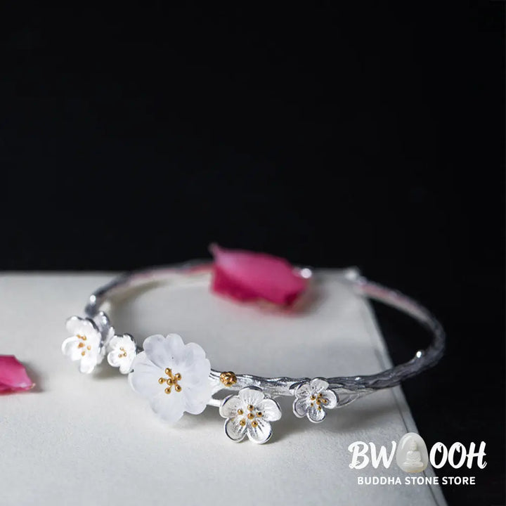 Buddha Stones 925 Sterling Silver Plum Flower Blessing Bracelet Adjustable Bangle - BWOOOH - Bracelet