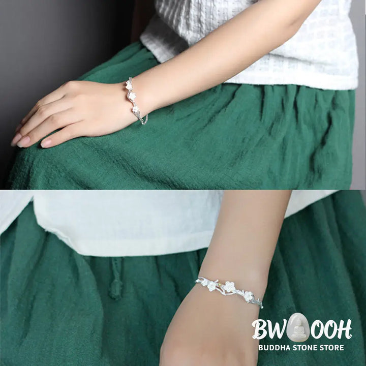 Buddha Stones 925 Sterling Silver Plum Flower Blessing Bracelet Adjustable Bangle - BWOOOH - Bracelet
