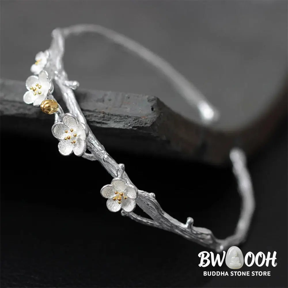 Buddha Stones 925 Sterling Silver Plum Flower Blessing Bracelet Adjustable Bangle - BWOOOH - Bracelet