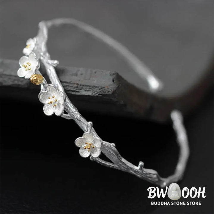 Buddha Stones 925 Sterling Silver Plum Flower Blessing Bracelet Adjustable Bangle - BWOOOH - Bracelet