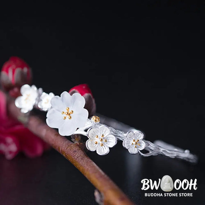 Buddha Stones 925 Sterling Silver Plum Flower Blessing Bracelet Adjustable Bangle - BWOOOH - Bracelet