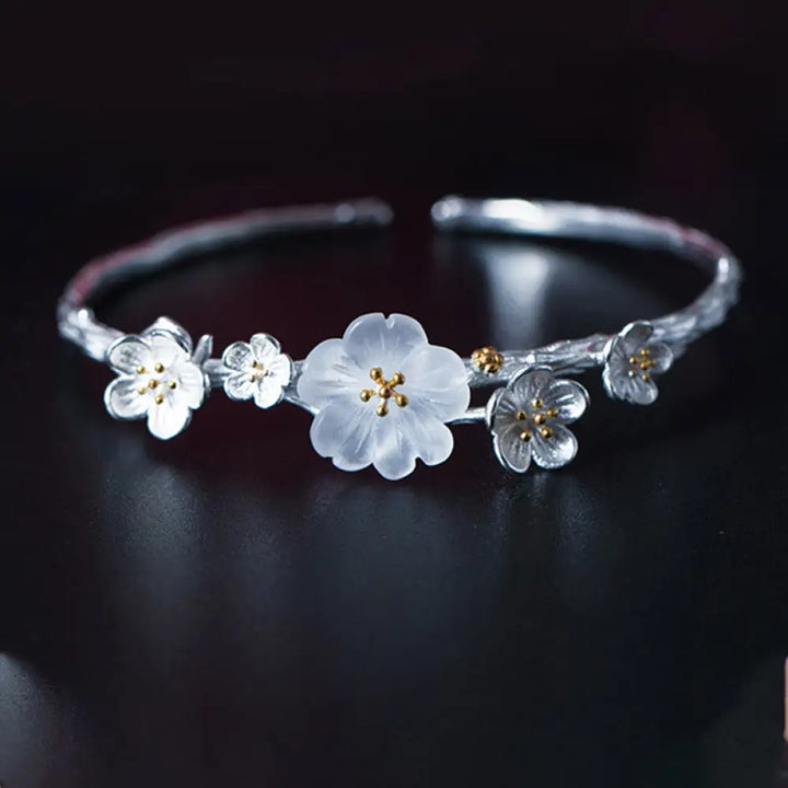 BWOOOH 925 Sterling Silver Plum Flower Blessing Bracelet Adjustable Bangle - BWOOOH - Plum Flower&amp;Crystal
