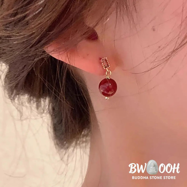 Buddha Stones 925 Sterling Silver Posts 14K Gold Filled Cinnabar Bead Zircon Calm Earrings - Cinnabar(925 Sterling