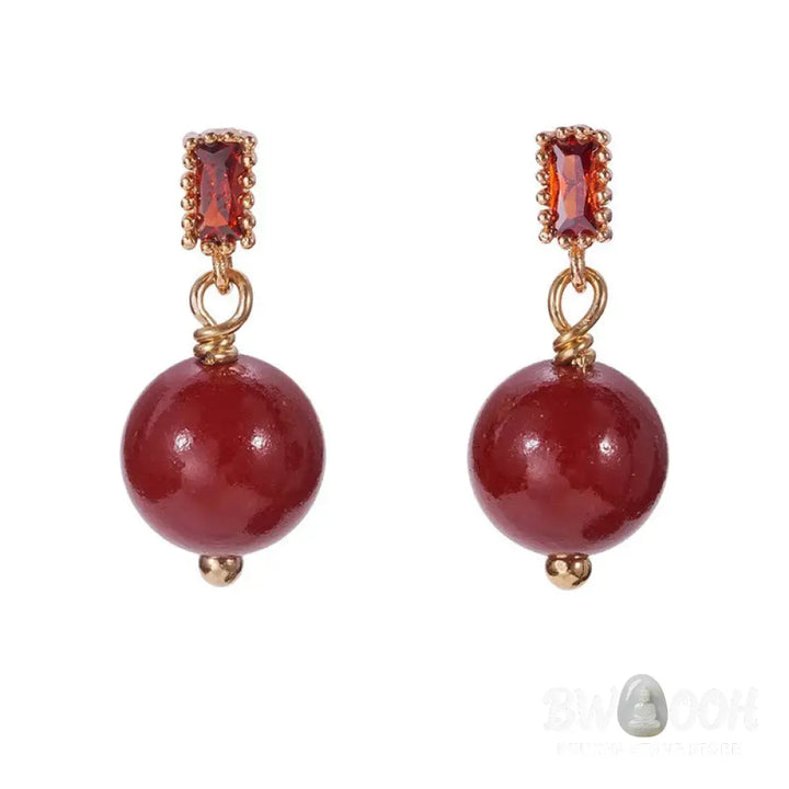 Buddha Stones 925 Sterling Silver Posts 14K Gold Filled Cinnabar Bead Zircon Calm Earrings - Cinnabar(925 Sterling