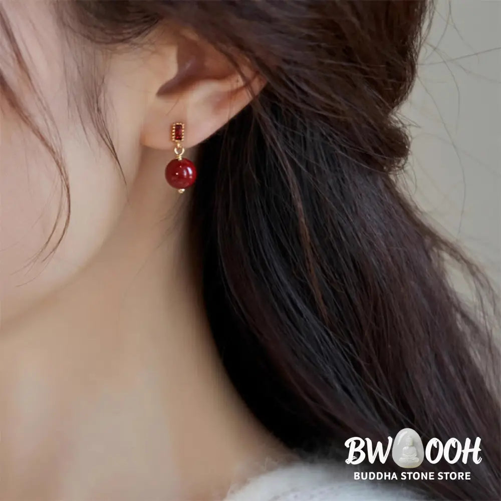 Buddha Stones 925 Sterling Silver Posts 14K Gold Filled Cinnabar Bead Zircon Calm Earrings - Cinnabar(925 Sterling