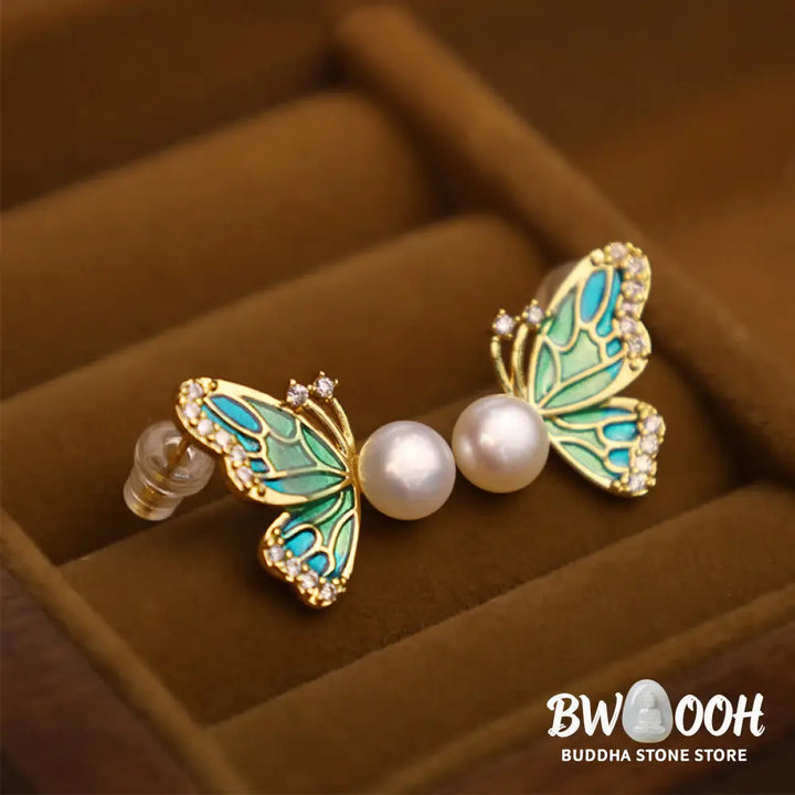 Buddha Stones 925 Sterling Silver Posts 18K Gold Plated Copper Natural Pearl Butterfly Healing Stud Earrings - Earrings