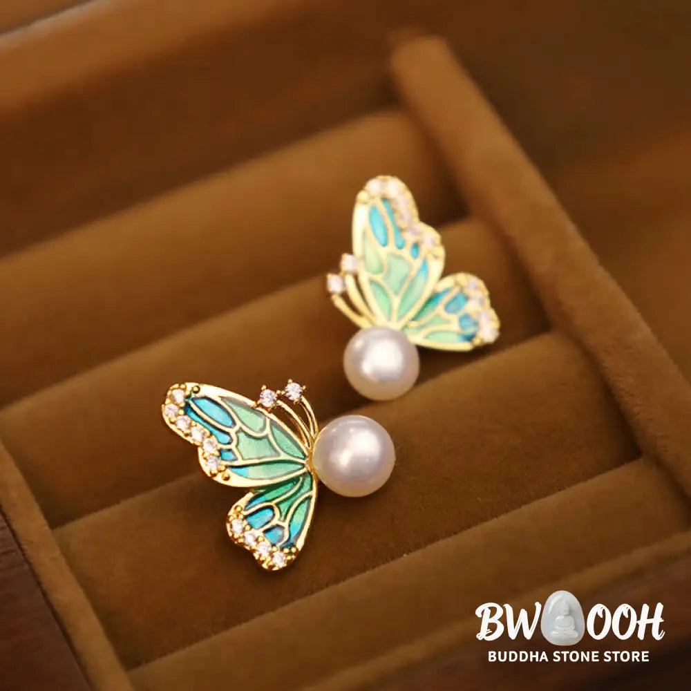 Buddha Stones 925 Sterling Silver Posts 18K Gold Plated Copper Natural Pearl Butterfly Healing Stud Earrings - Earrings