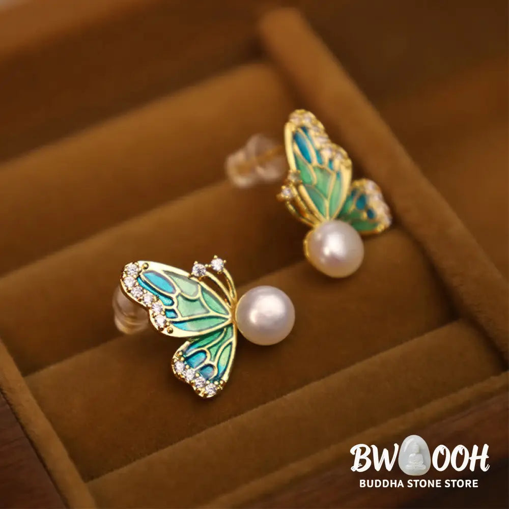 Buddha Stones 925 Sterling Silver Posts 18K Gold Plated Copper Natural Pearl Butterfly Healing Stud Earrings - Earrings