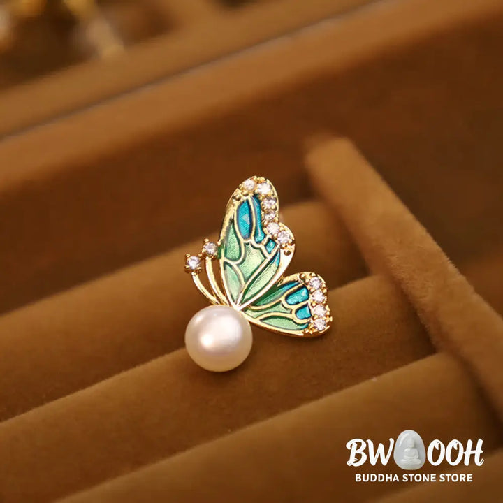 Buddha Stones 925 Sterling Silver Posts 18K Gold Plated Copper Natural Pearl Butterfly Healing Stud Earrings - Earrings