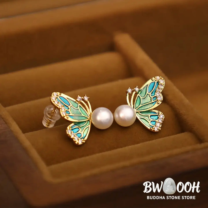 Buddha Stones 925 Sterling Silver Posts 18K Gold Plated Copper Natural Pearl Butterfly Healing Stud Earrings - Earrings