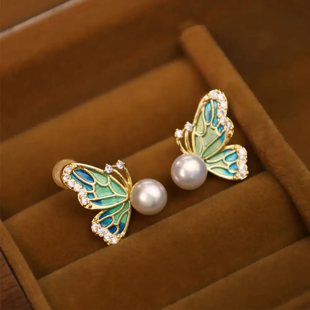 Buddha Stones 925 Sterling Silver Posts 18K Gold Plated Copper Natural Pearl Butterfly Healing Stud Earrings - Gray