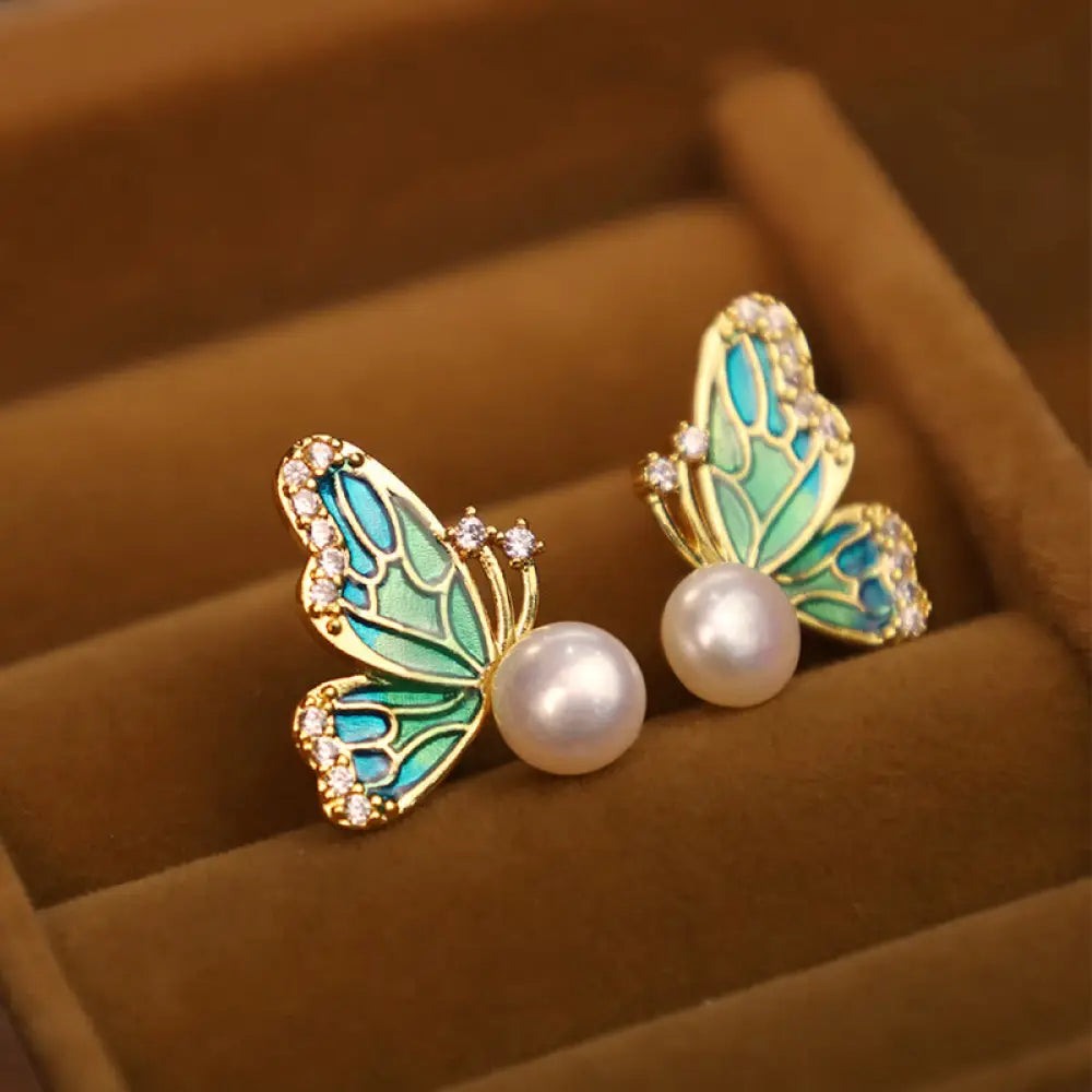 BWOOOH 925 Sterling Silver Posts 18K Gold Plated Copper Natural Pearl Butterfly Healing Stud Earrings — Sterling Silver sp...