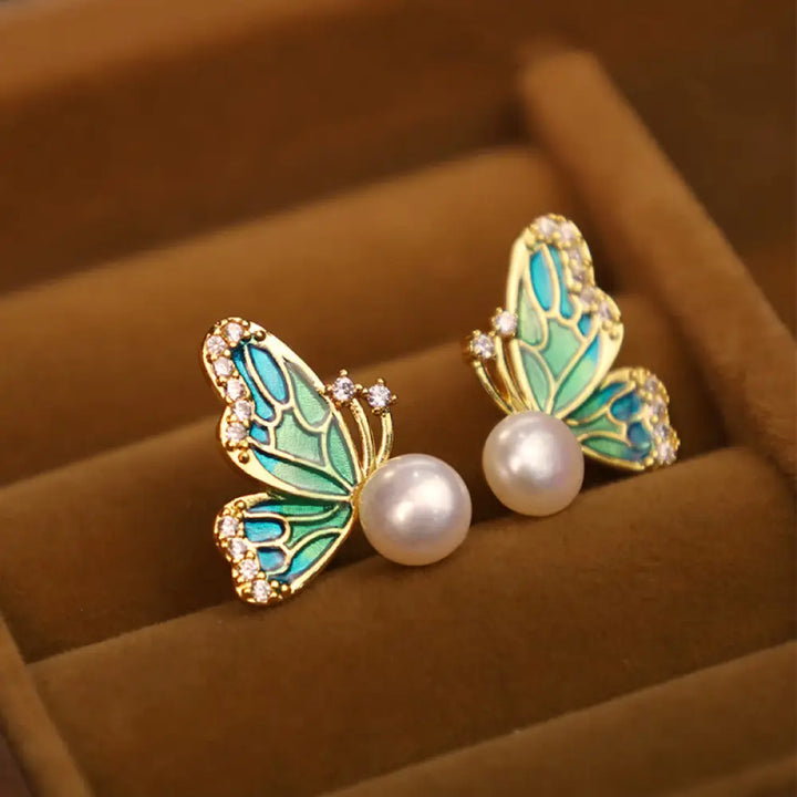BWOOOH 925 Sterling Silver Posts 18K Gold Plated Copper Natural Pearl Butterfly Healing Stud Earrings — Sterling Silver sp...