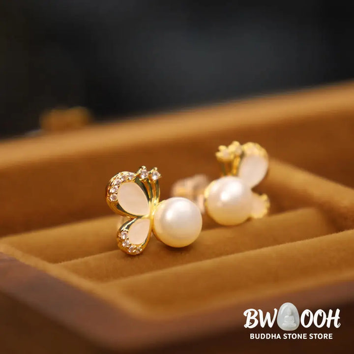 Buddha Stones 925 Sterling Silver Posts 18K Gold Plated Copper Natural Pearl Butterfly Zircon Healing Stud Earrings