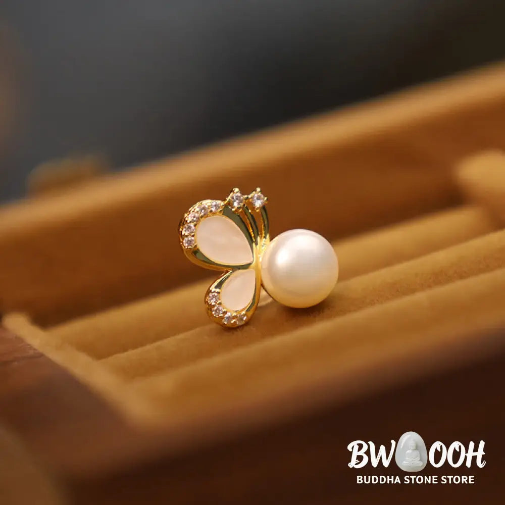Buddha Stones 925 Sterling Silver Posts 18K Gold Plated Copper Natural Pearl Butterfly Zircon Healing Stud Earrings