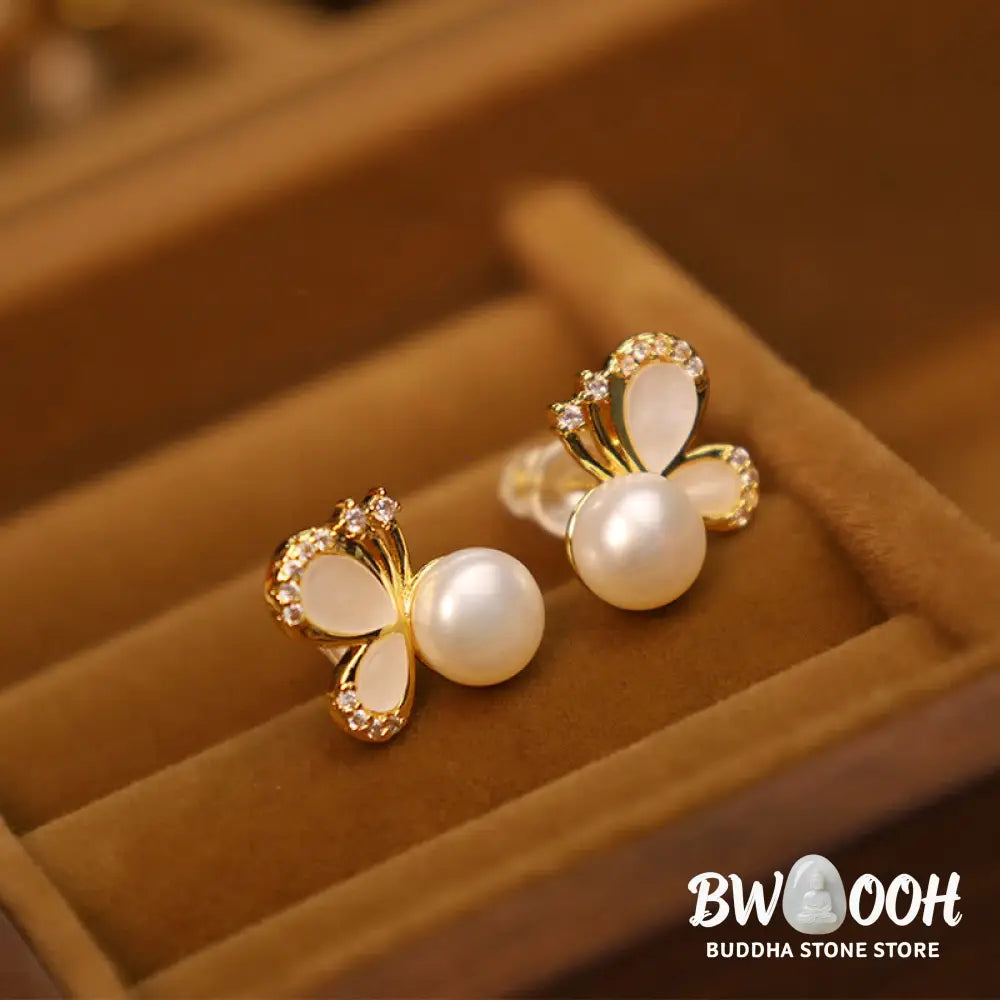Buddha Stones 925 Sterling Silver Posts 18K Gold Plated Copper Natural Pearl Butterfly Zircon Healing Stud Earrings