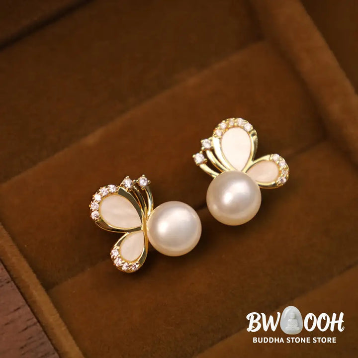 Buddha Stones 925 Sterling Silver Posts 18K Gold Plated Copper Natural Pearl Butterfly Zircon Healing Stud Earrings
