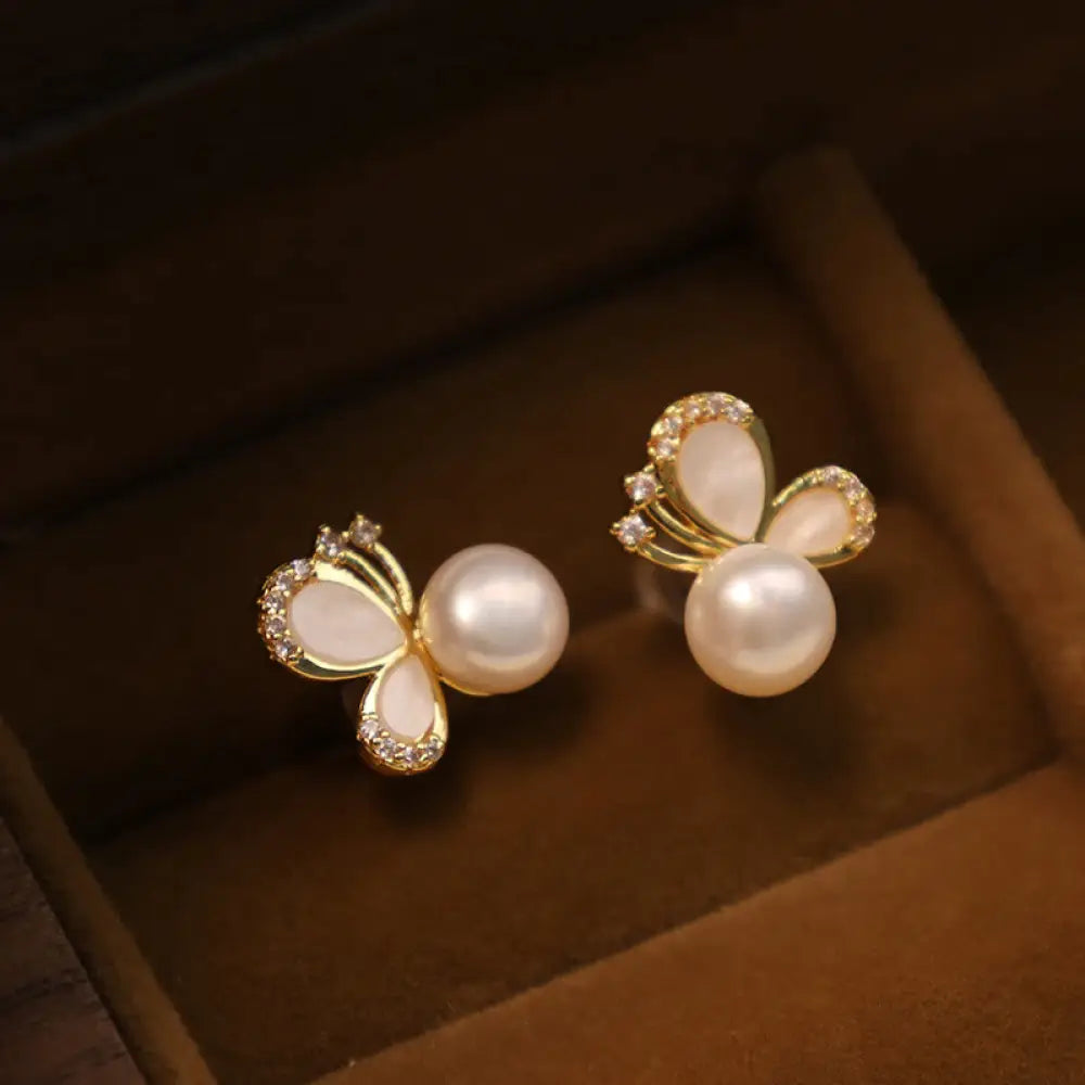 BWOOOH 925 Sterling Silver Posts 18K Gold Plated Copper Natural Pearl Butterfly Zircon Healing Stud Earrings — Sterling Si...