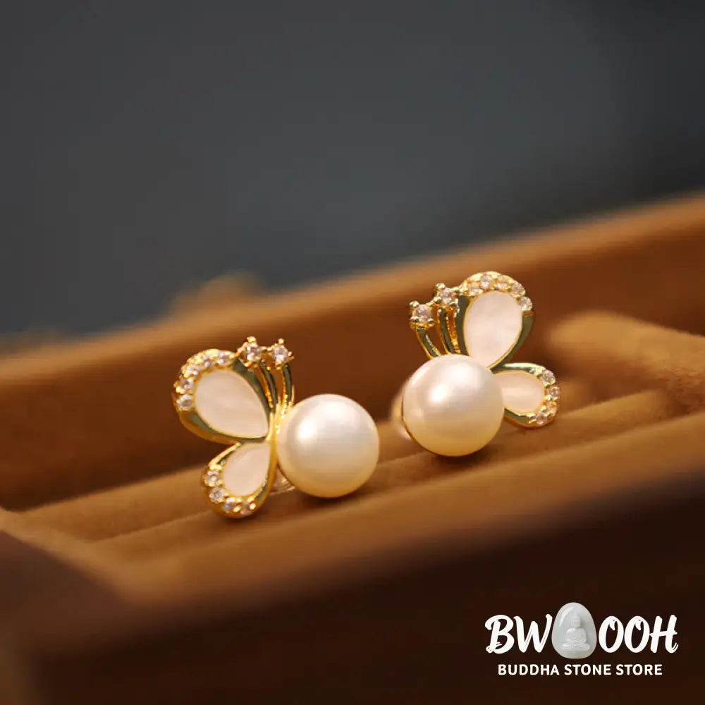 Buddha Stones 925 Sterling Silver Posts 18K Gold Plated Copper Natural Pearl Butterfly Zircon Healing Stud Earrings