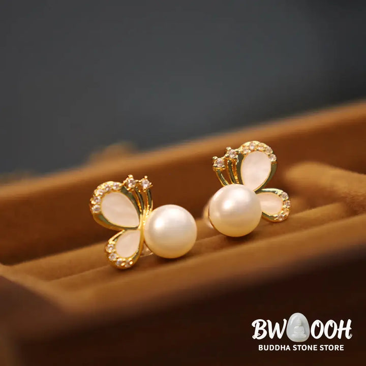 Buddha Stones 925 Sterling Silver Posts 18K Gold Plated Copper Natural Pearl Butterfly Zircon Healing Stud Earrings