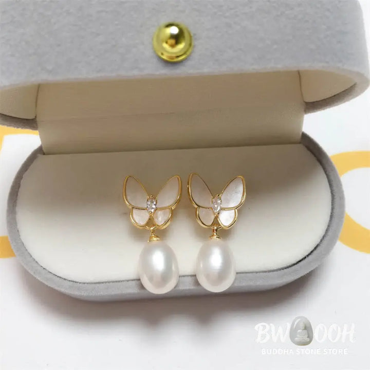 Buddha Stones 925 Sterling Silver Posts 18K Gold Plated Copper Pearl Butterfly Optimism Stud Earrings - Pearl