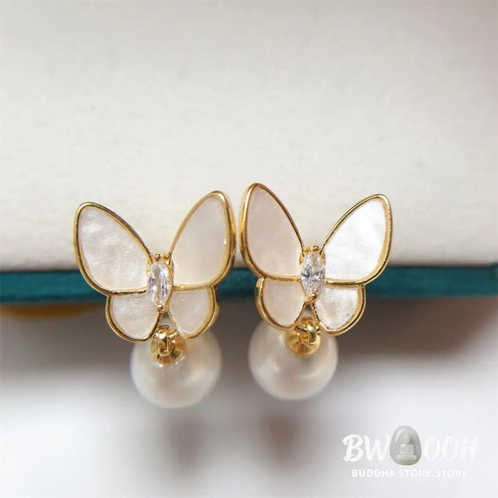 Buddha Stones 925 Sterling Silver Posts 18K Gold Plated Copper Pearl Butterfly Optimism Stud Earrings - Pearl