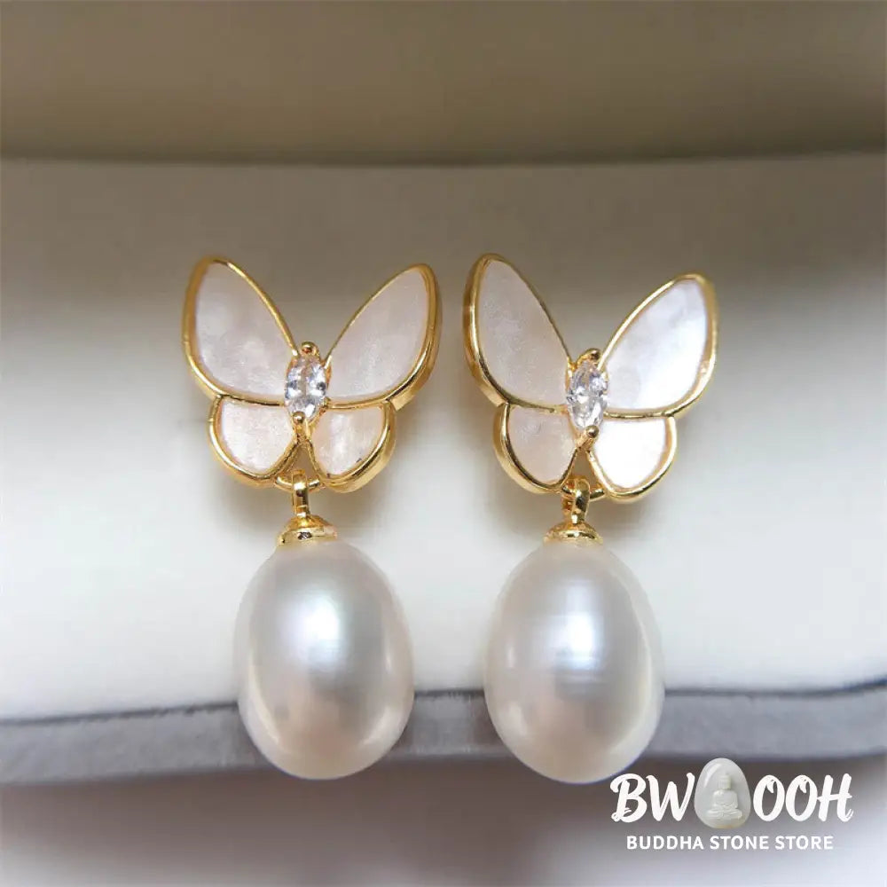 Buddha Stones 925 Sterling Silver Posts 18K Gold Plated Copper Pearl Butterfly Optimism Stud Earrings - Pearl