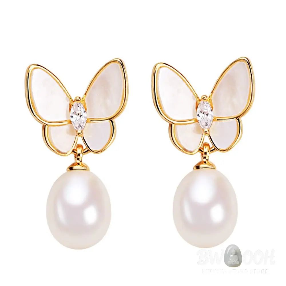 Buddha Stones 925 Sterling Silver Posts 18K Gold Plated Copper Pearl Butterfly Optimism Stud Earrings - Pearl
