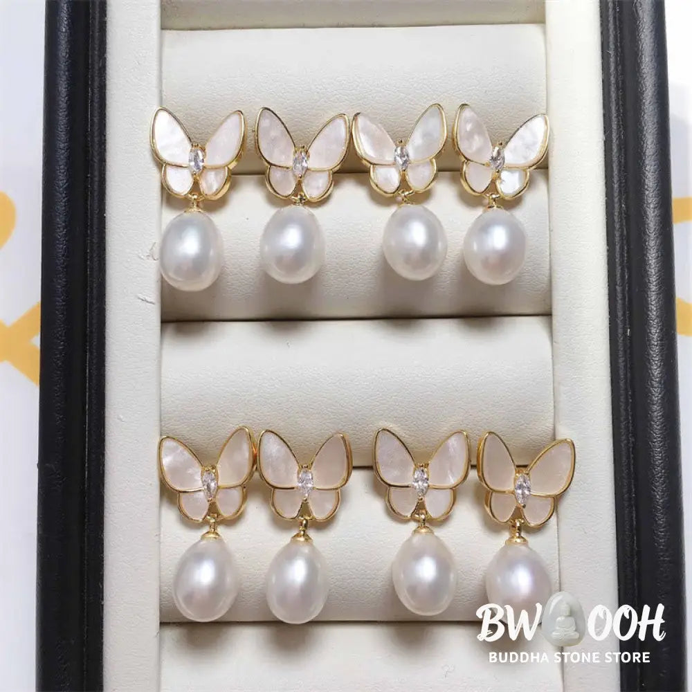 Buddha Stones 925 Sterling Silver Posts 18K Gold Plated Copper Pearl Butterfly Optimism Stud Earrings - Pearl