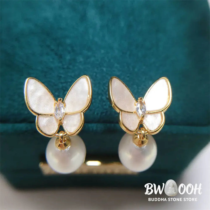 Buddha Stones 925 Sterling Silver Posts 18K Gold Plated Copper Pearl Butterfly Optimism Stud Earrings - Pearl
