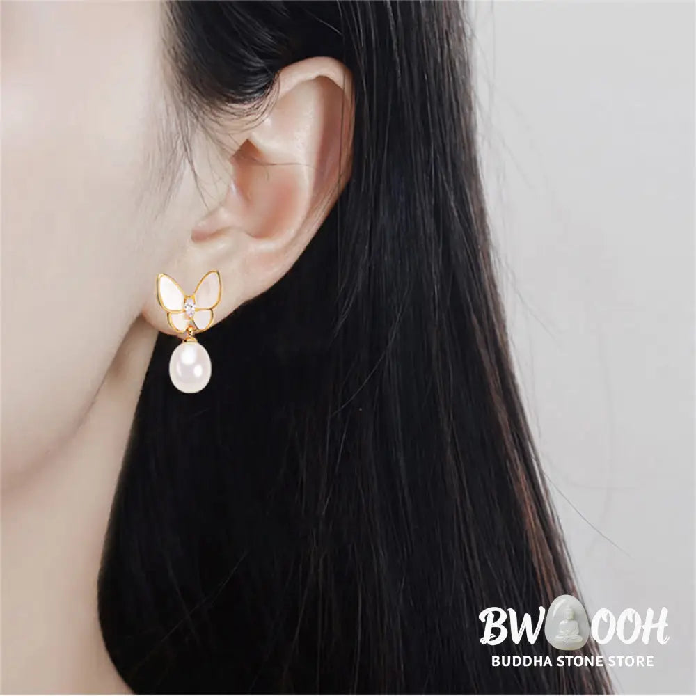 Buddha Stones 925 Sterling Silver Posts 18K Gold Plated Copper Pearl Butterfly Optimism Stud Earrings - Pearl