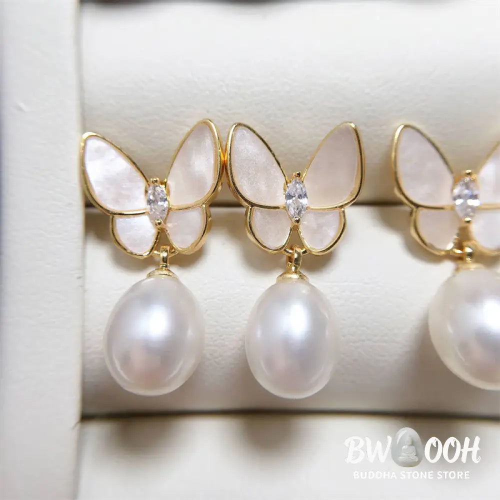 Buddha Stones 925 Sterling Silver Posts 18K Gold Plated Copper Pearl Butterfly Optimism Stud Earrings - Pearl
