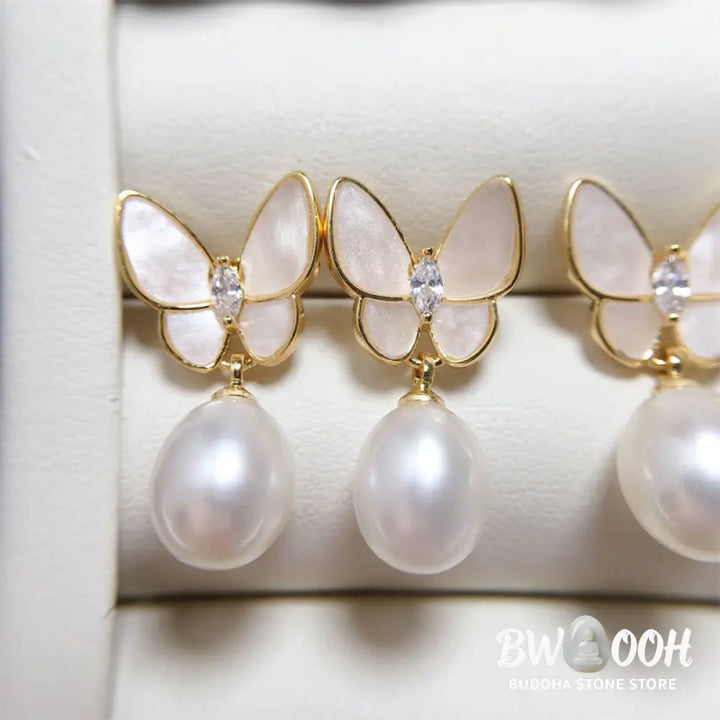 Buddha Stones 925 Sterling Silver Posts 18K Gold Plated Copper Pearl Butterfly Optimism Stud Earrings - Pearl