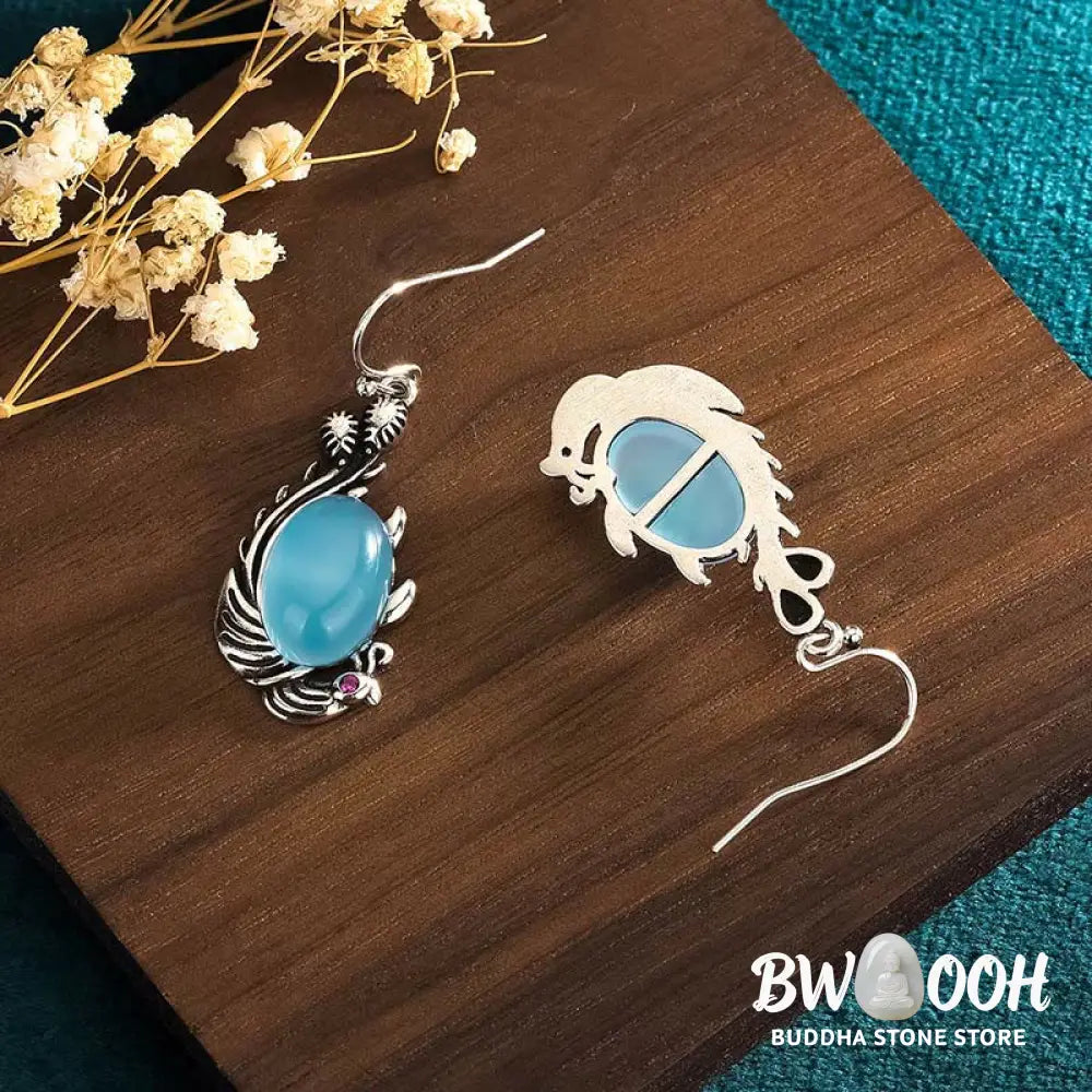 Buddha Stones 925 Sterling Silver Posts Blue Chalcedony Koi Fish Balance Vitality Earrings - Blue Chalcedony(925