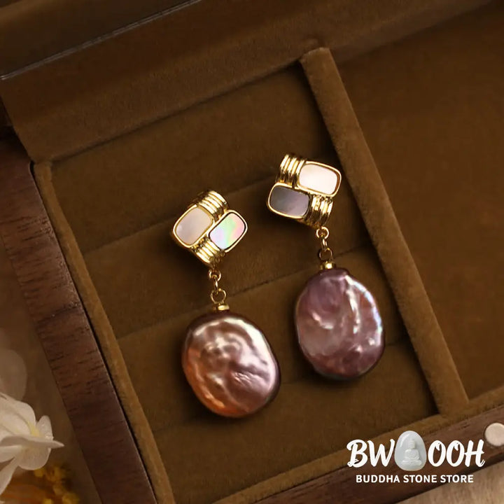 Buddha Stones 925 Sterling Silver Posts Copper Plated Gold Natural Baroque Pearl Healing Drop Earrings - Earrings