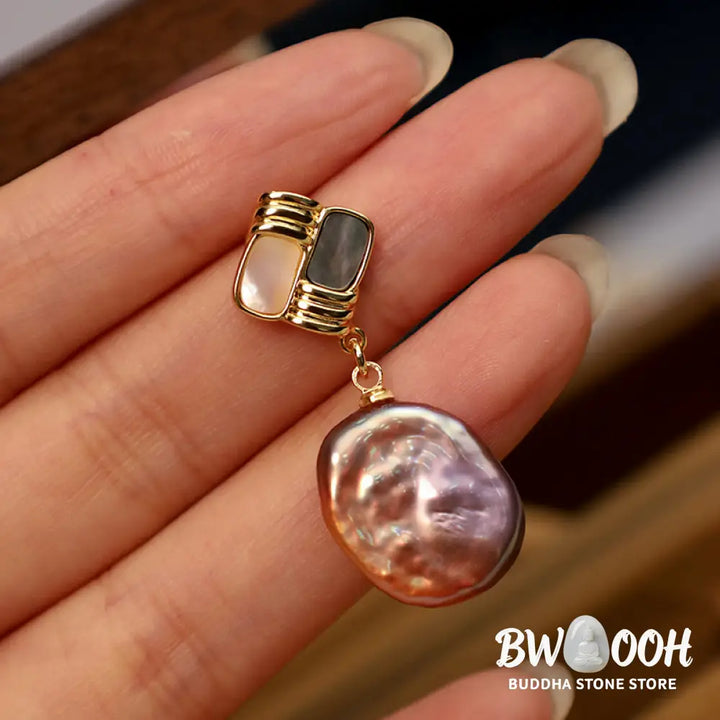 Buddha Stones 925 Sterling Silver Posts Copper Plated Gold Natural Baroque Pearl Healing Drop Earrings - Earrings