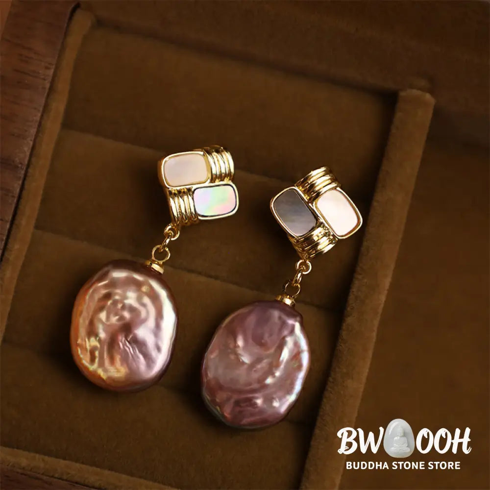 Buddha Stones 925 Sterling Silver Posts Copper Plated Gold Natural Baroque Pearl Healing Drop Earrings - Earrings